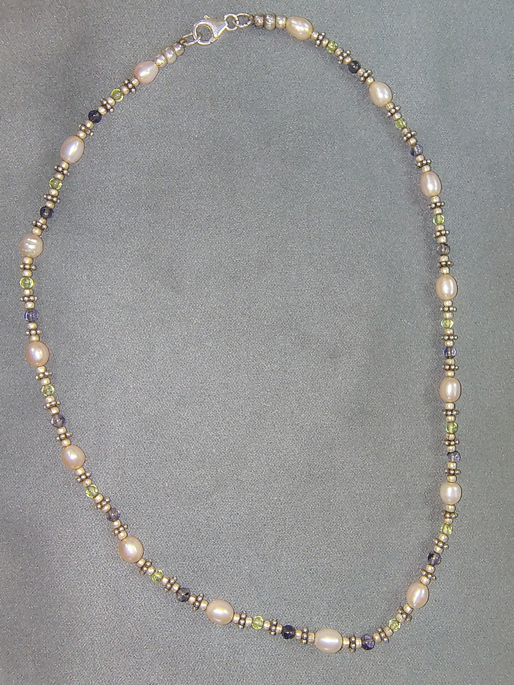 Delicate 925 Bead, Freshwater Pearl and Green Bead Necklace